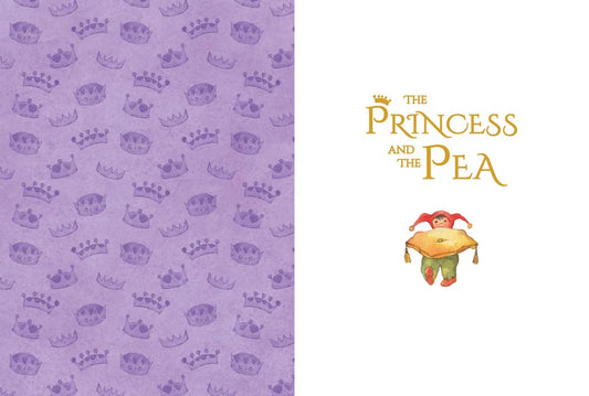 Purple background with crown pattern and 'The Princess and the Pea' text on a white background