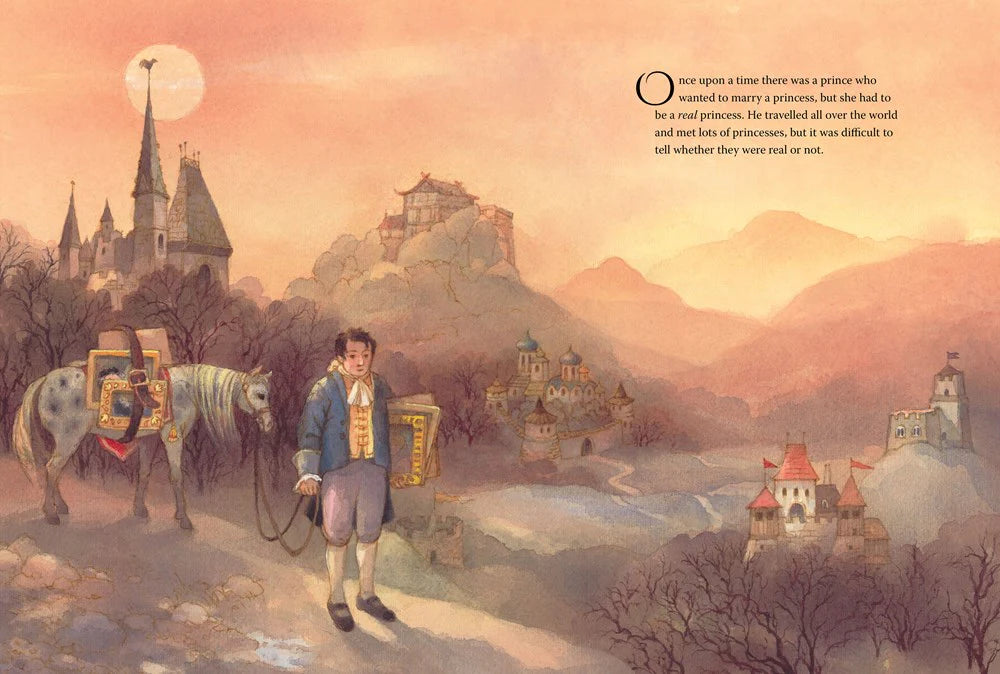 Illustration of a prince with a horse in a fantasy landscape with castles and mountains.