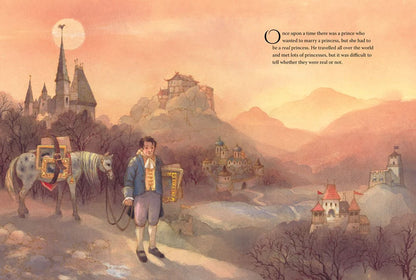Illustration of a prince with a horse in a fantasy landscape with castles and mountains.