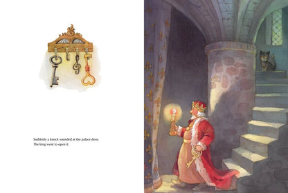 Illustration of a king in a castle hallway with a key hanging on the wall.