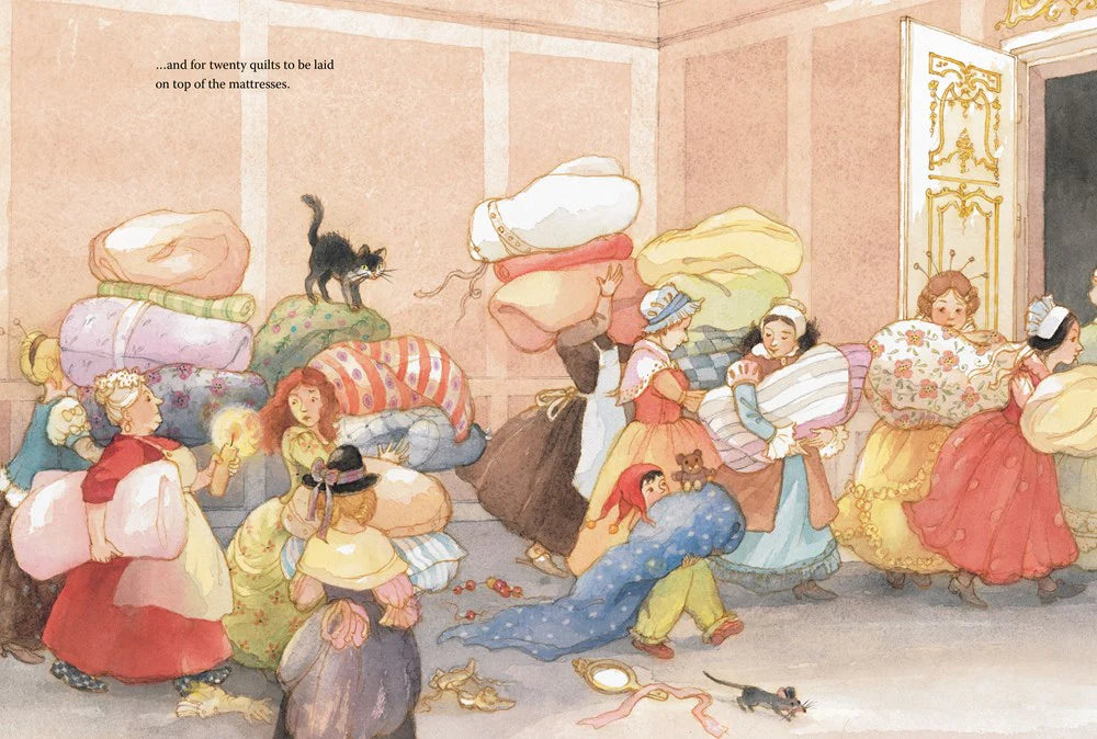 Illustration of a crowded room with people carrying baby buggies and bags, with text at the top.