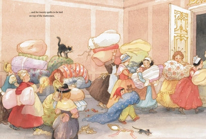 Illustration of a crowded room with people carrying baby buggies and bags, with text at the top.