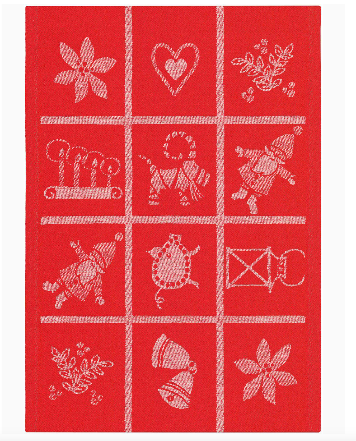 Red towel with white embroidered patterns of animals and objects on a red background