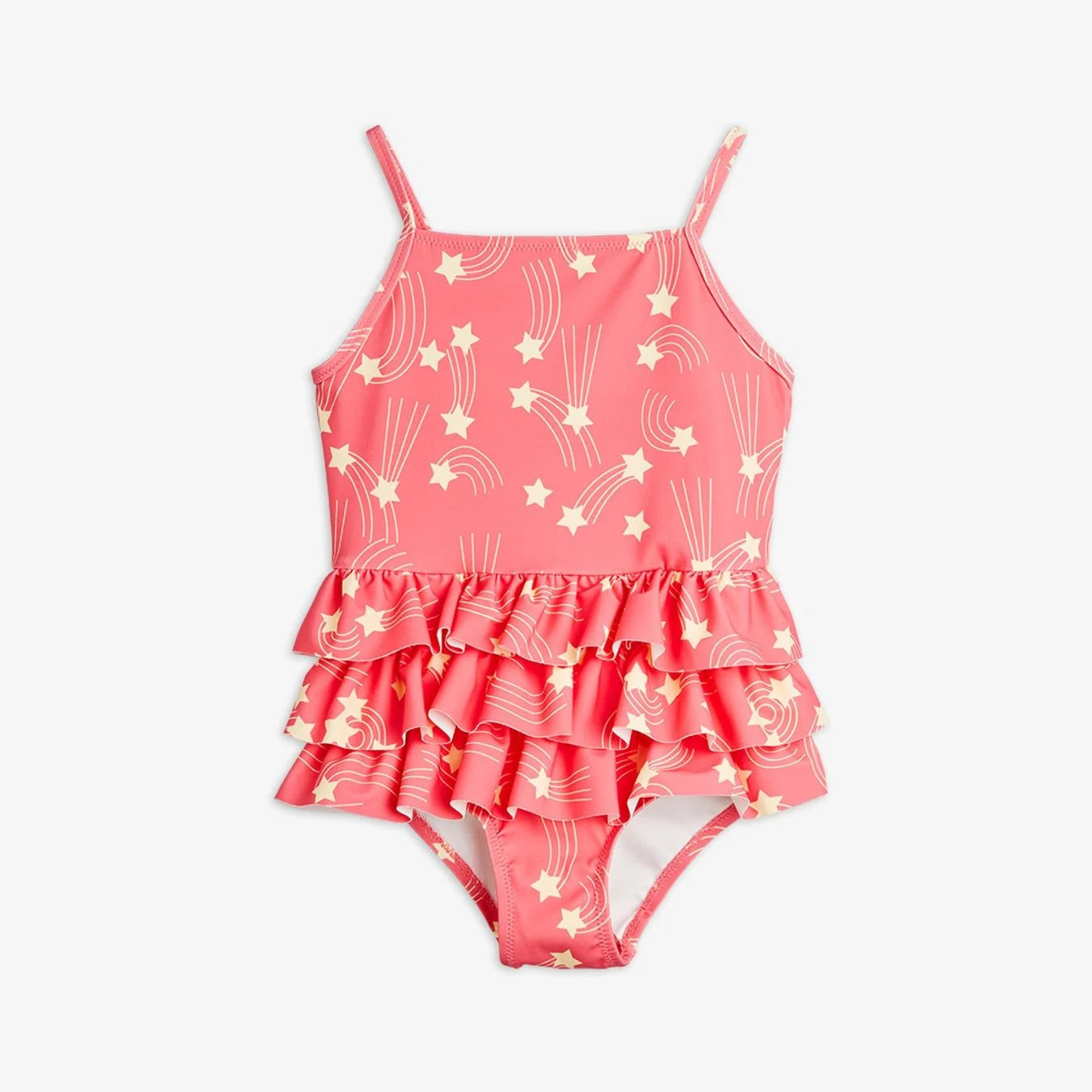 Pink children's swimsuit with star and moon pattern on a white background