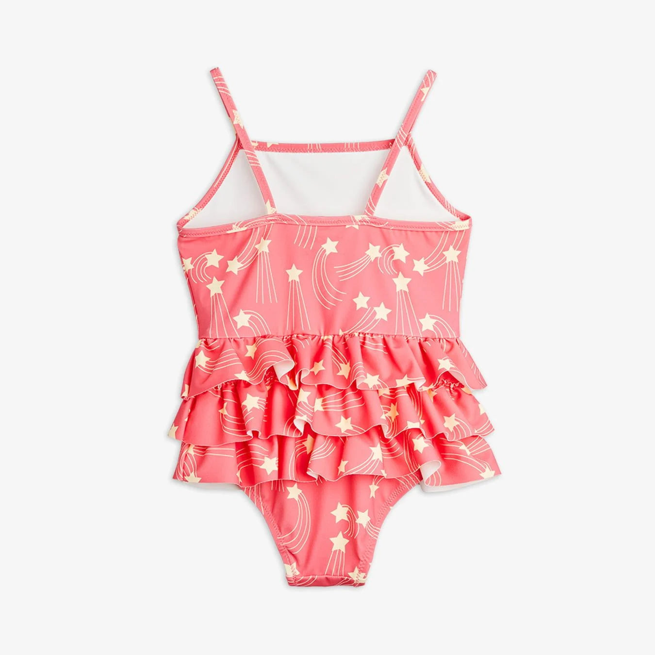 Pink children's swimsuit with star pattern on a white background