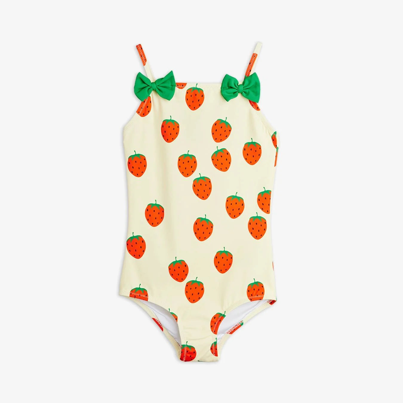 One-piece swimsuit with strawberry pattern and green bows on a white background