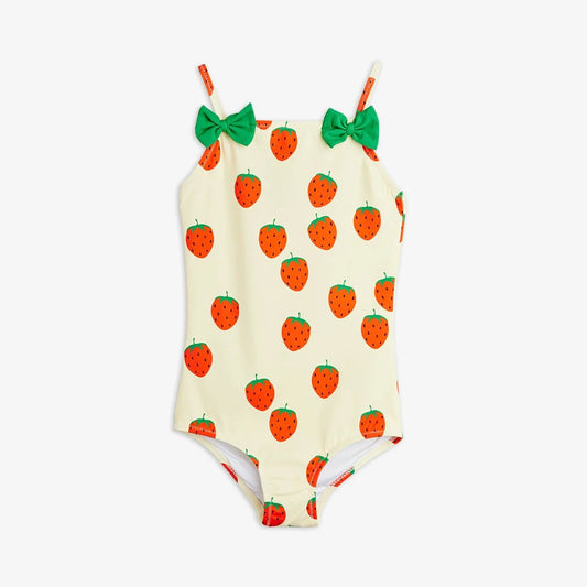 One-piece swimsuit with strawberry pattern and green bows on a white background