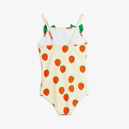 One-piece swimsuit with strawberry pattern on a white background