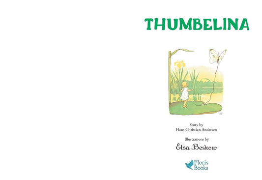 Book cover of 'Thumbelina' with illustration of a small girl by a pond.
