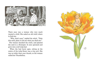 Illustration of a fairy sitting on a yellow tulip with text from a fairy tale.