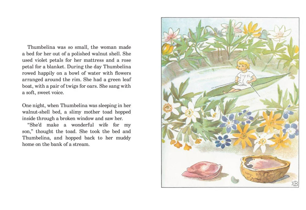 Illustration from a children's book with Thumbelina in a walnut shell and a toad, set against a natural background with flowers and water.