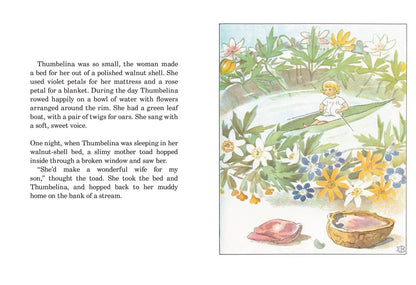 Illustration from a children's book with Thumbelina in a walnut shell and a toad, set against a natural background with flowers and water.