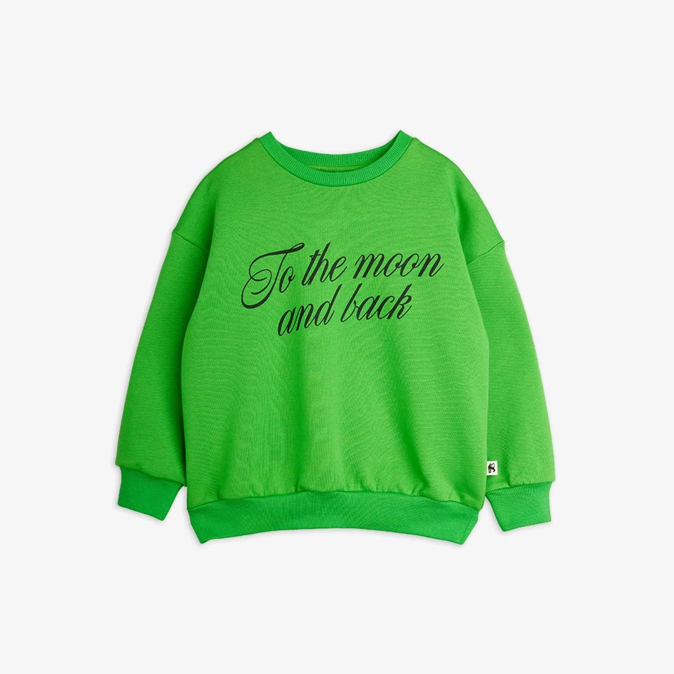 Green sweatshirt with 'To the moon and back' text on a white background