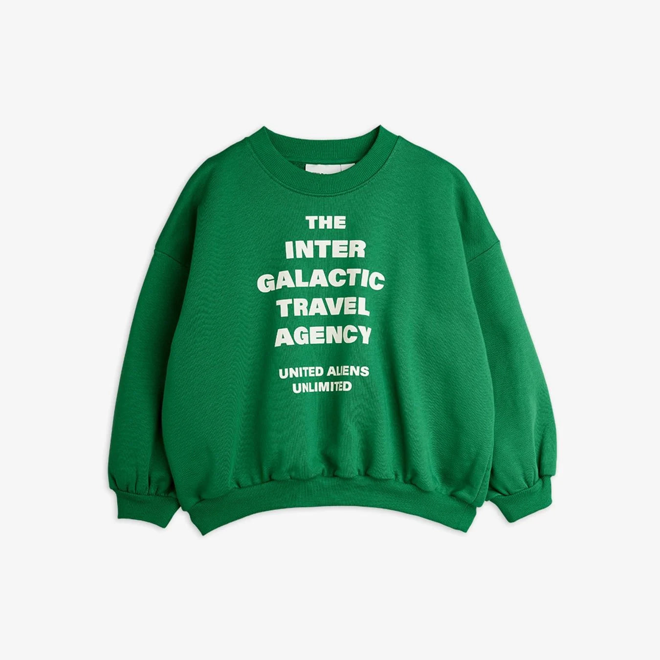 Green sweatshirt with white text on a white background