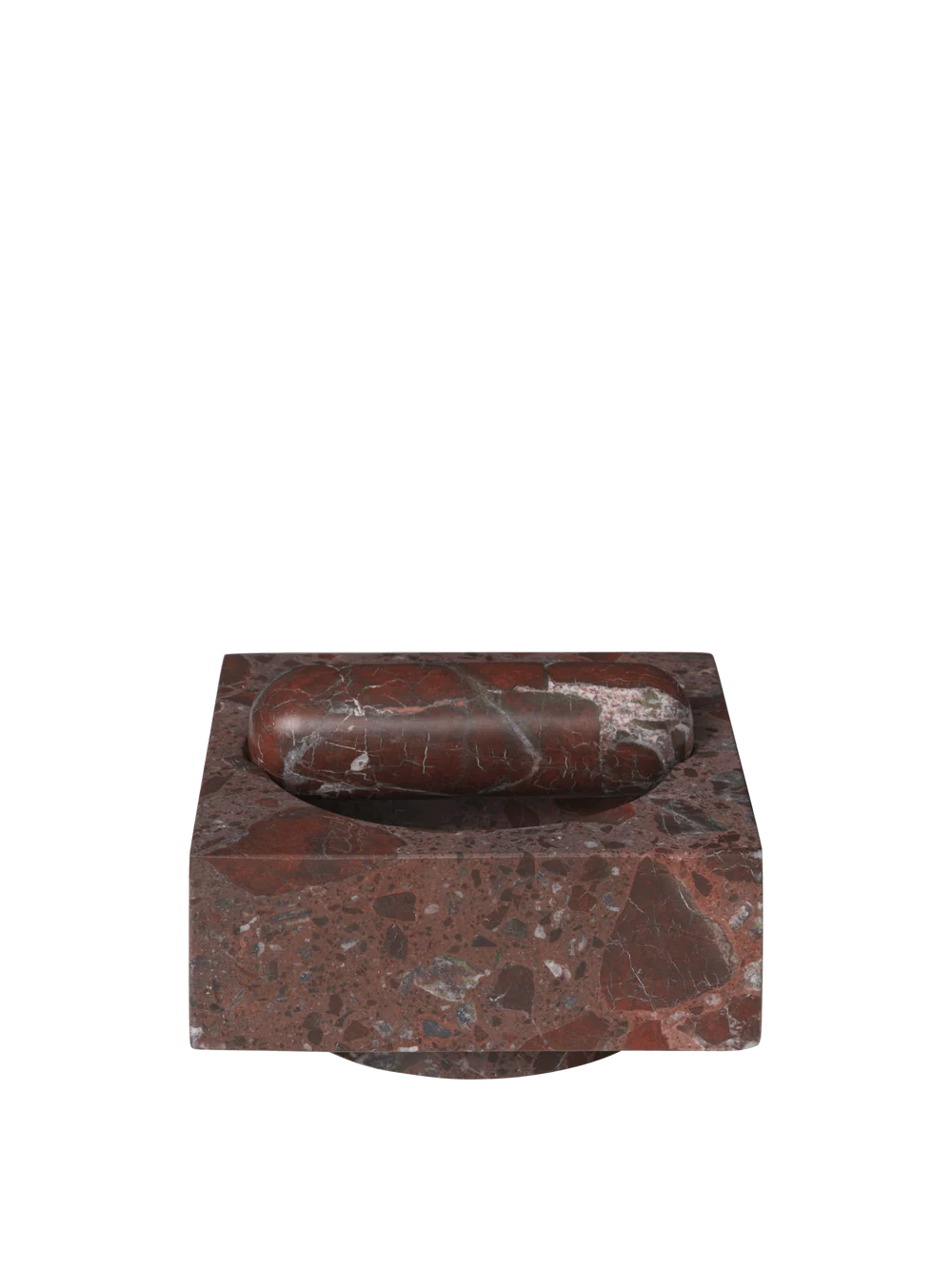 A square reddish-brown marble Mortar and restle with a matching oval recessed lid, shown on a solid white background.