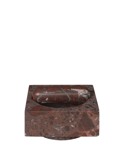 A square reddish-brown marble Mortar and restle with a matching oval recessed lid, shown on a solid white background.