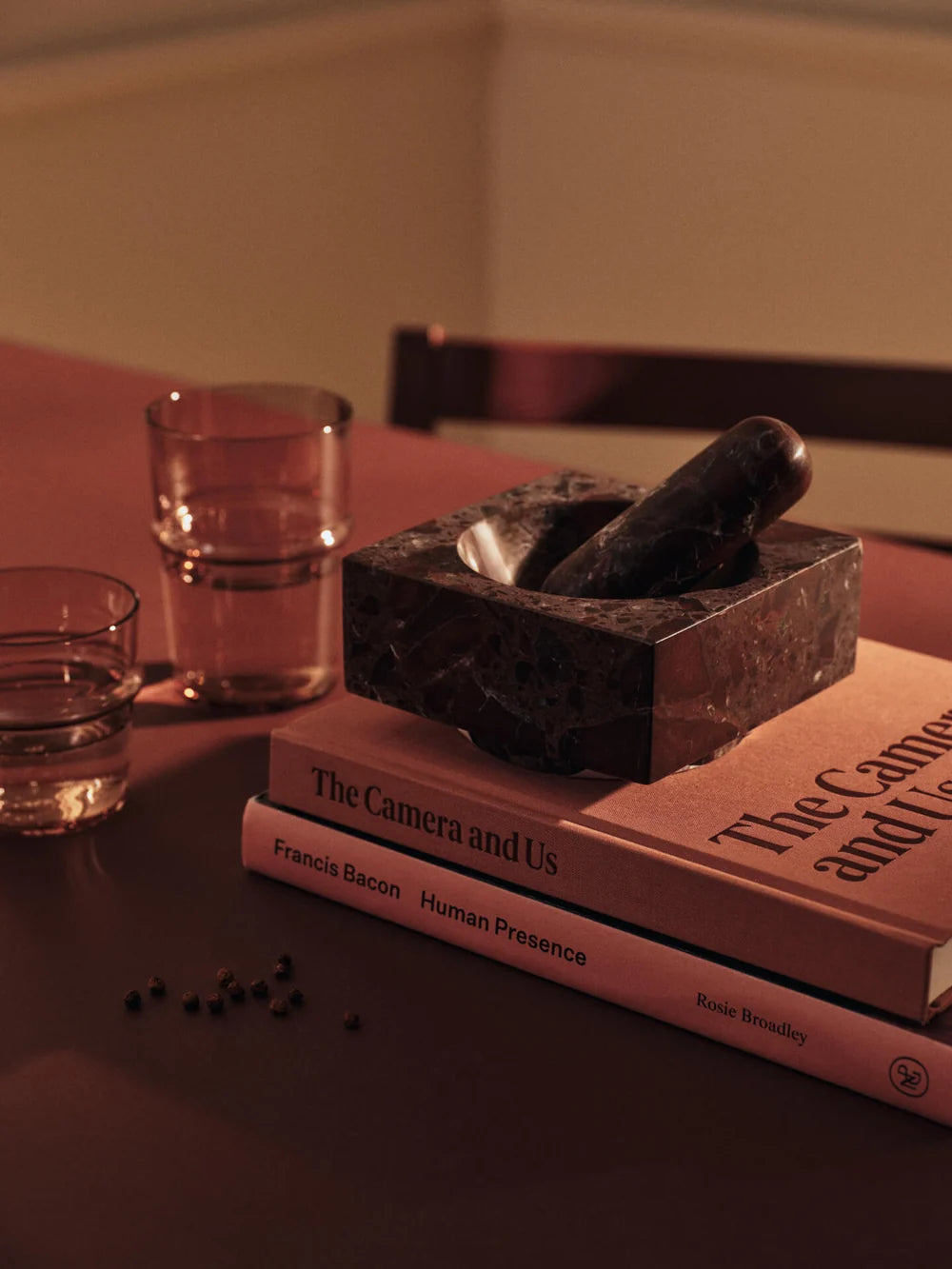 Two books titled 'The Camera and Us' and 'Human Presence' on a table with a stone container and glasses.