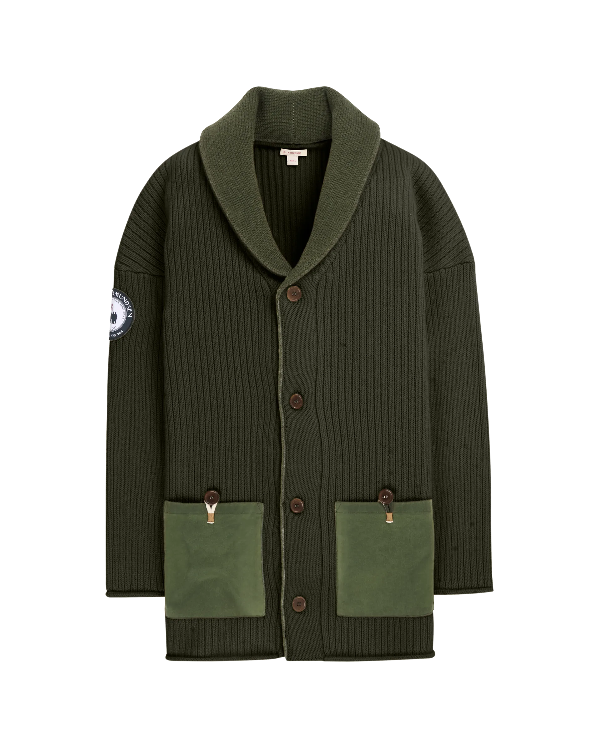 Green cardigan with shawl collar from Amundsen Sports with waxed canvas and cotton. Norwegian winter and fall is the best time to sport this dashing coat.