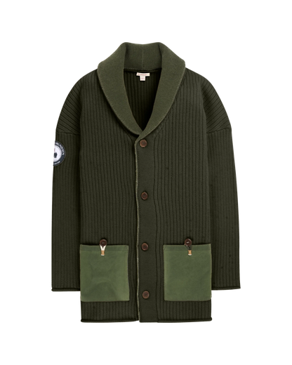 Green cardigan with shawl collar from Amundsen Sports with waxed canvas and cotton. Norwegian winter and fall is the best time to sport this dashing coat.