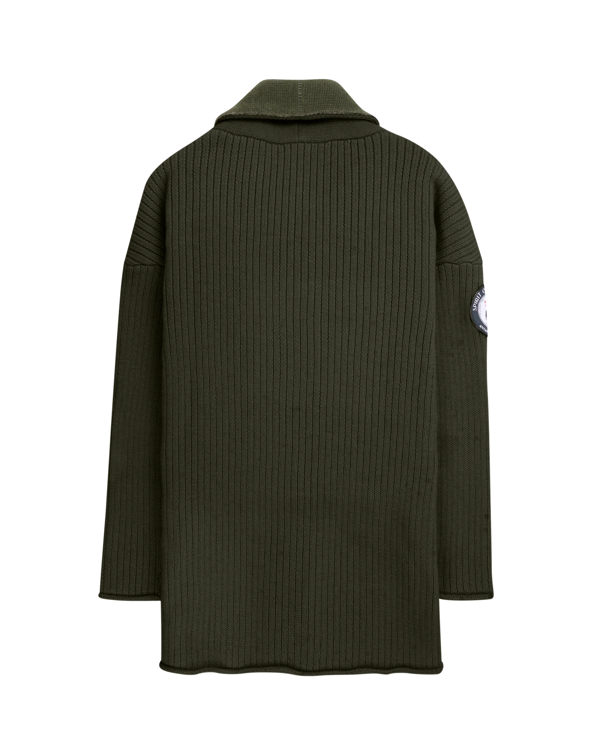 Green ribbed sweater with a Amundsen Sports brand logo on a white background