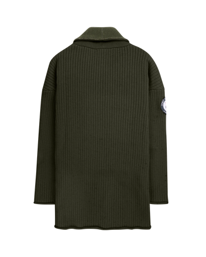 Green ribbed sweater with a Amundsen Sports brand logo on a white background