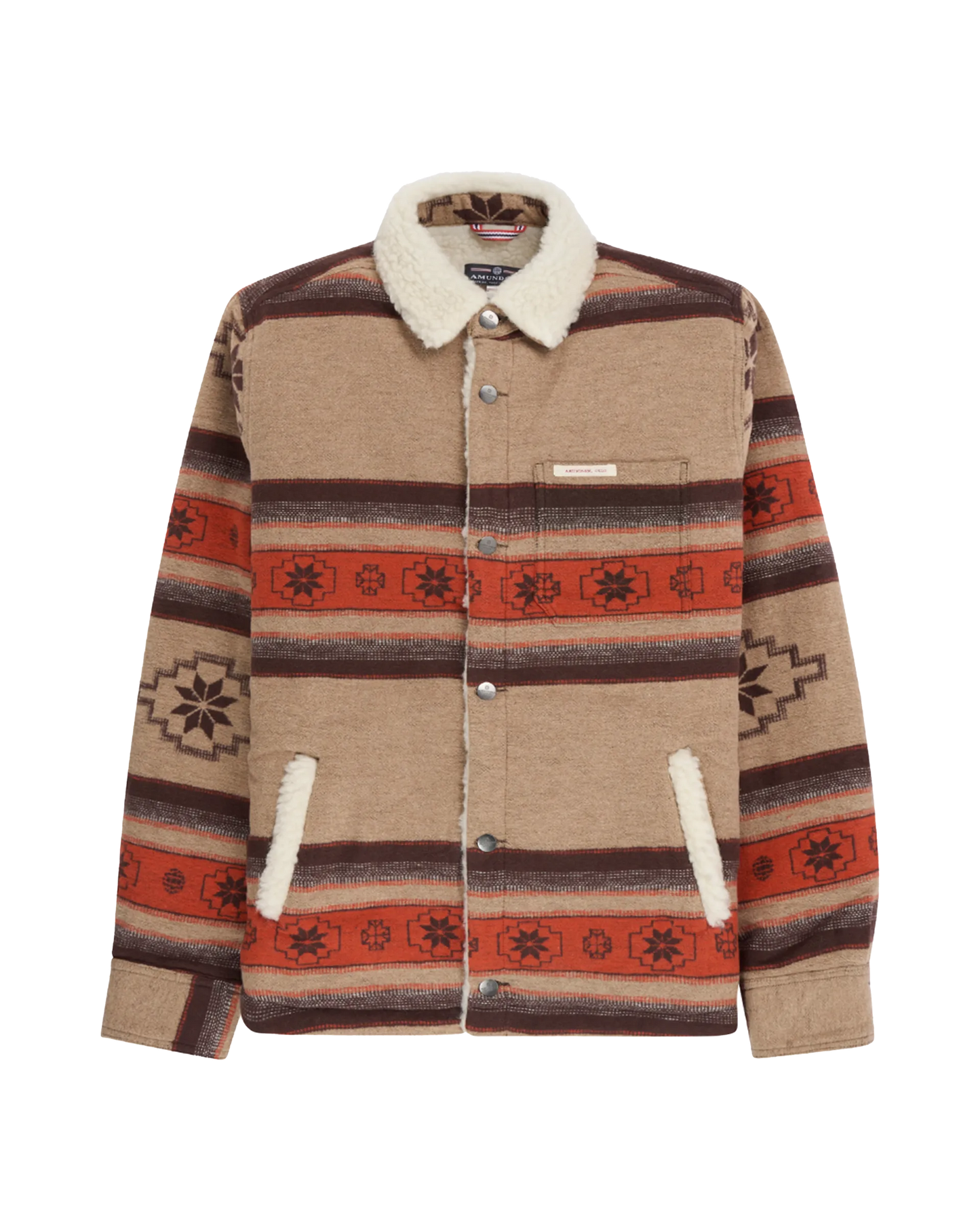 Part of the Fall 2025 Amundsen Sports collection we love the story that this textile tells about Norwegian weaving traditions. Comfortable unisex overshirt crafted from soft double-sided brushed cotton with a cosy wool fleece lining. Features the traditional Norwegian Åkle geometric pattern inspired by Østfold, Roald Amundsen's birthplace. Perfect as a versatile layering piece for autumn adventures. Men's clothing. for women too.