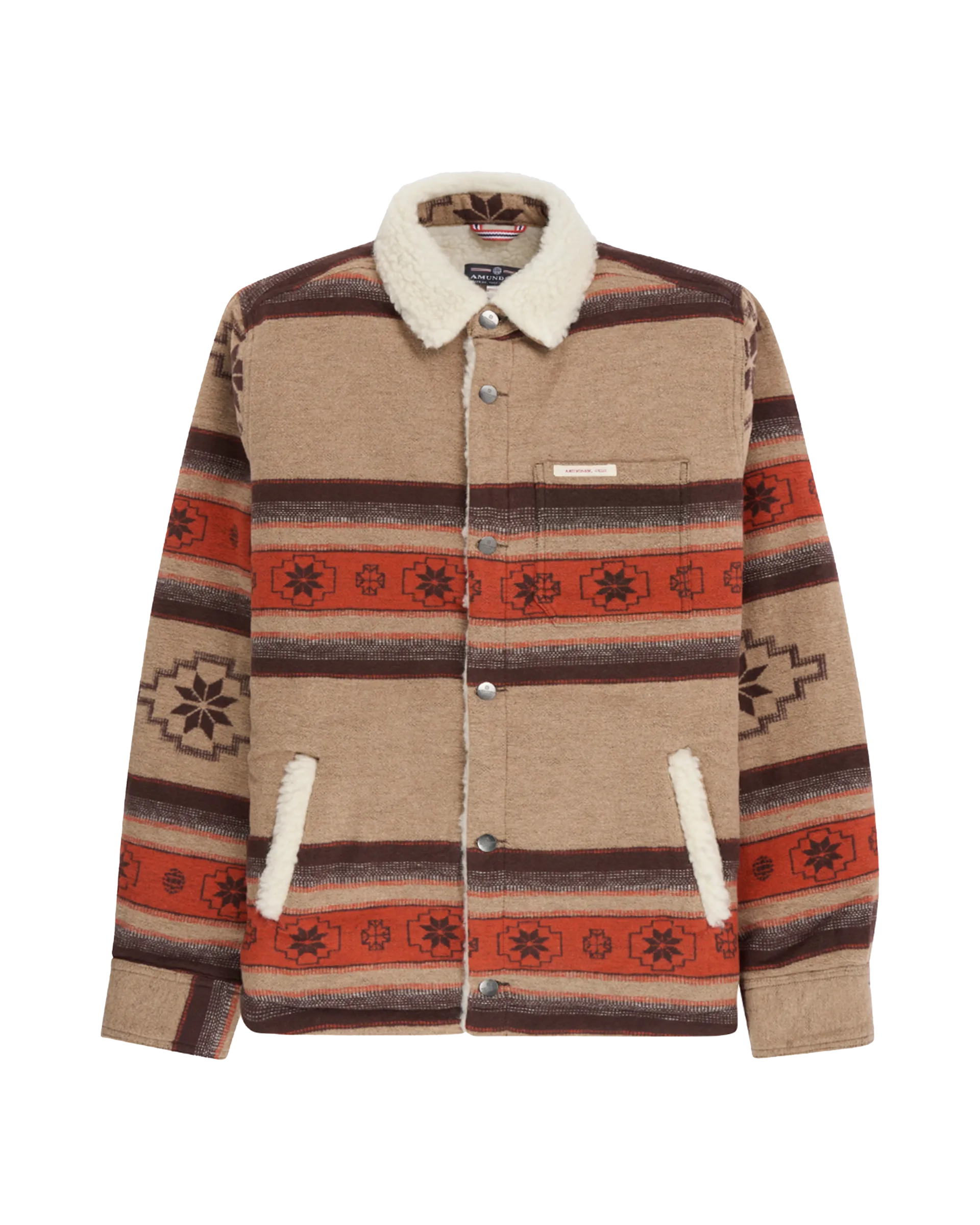 Part of the Fall 2025 Amundsen Sports collection we love the story that this textile tells about Norwegian weaving traditions. Comfortable unisex overshirt crafted from soft double-sided brushed cotton with a cosy wool fleece lining. Features the traditional Norwegian Åkle geometric pattern inspired by Østfold, Roald Amundsen's birthplace. Perfect as a versatile layering piece for autumn adventures. Men's clothing. for women too.
