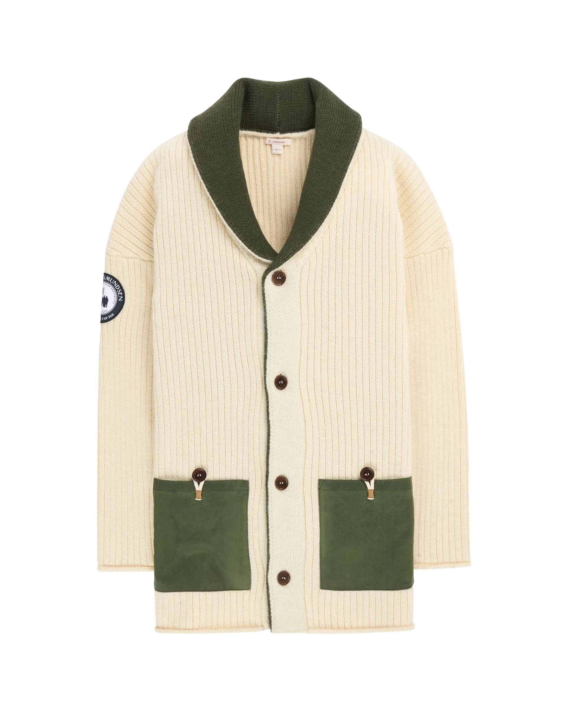 Cream-colored cardigan with green accents from Amundsen Sports and sold at Huset Shop a Scandinavian Store on Abbot Kinney.