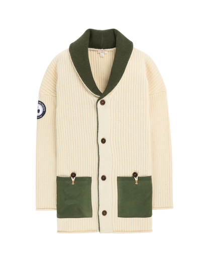 Cream-colored cardigan with green accents from Amundsen Sports and sold at Huset Shop a Scandinavian Store on Abbot Kinney.