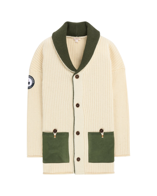 Cream-colored cardigan with green accents from Amundsen Sports and sold at Huset Shop a Scandinavian Store on Abbot Kinney.