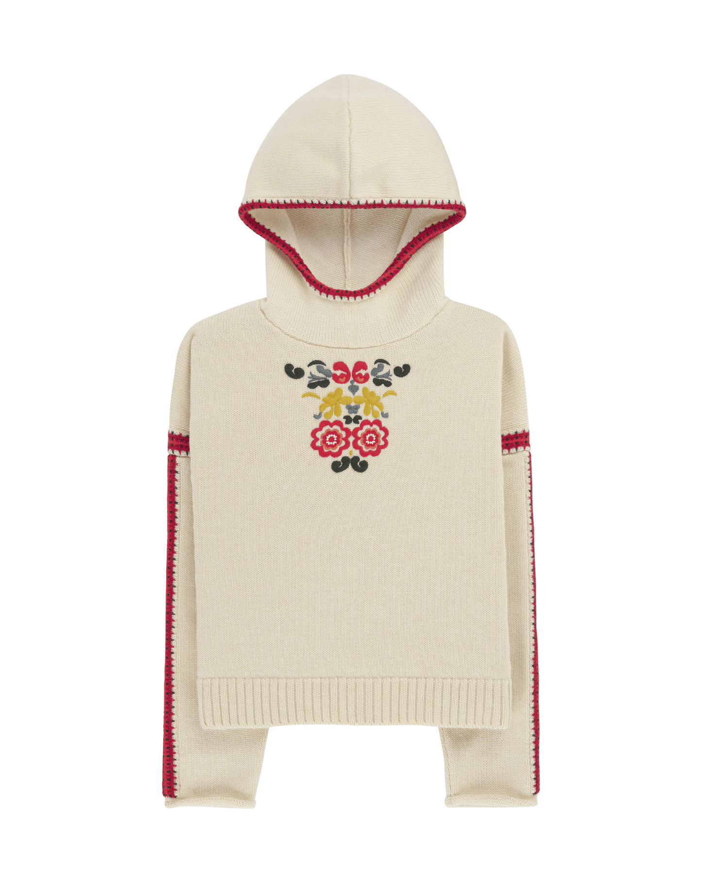 Two women sitting in a snowy landscape, wearing embroidered clothing, a true tribute to Norwegian heritage. This hooded sweater is crafted from 100% Norwegian wool, sourced from free-ranging sheep, and features embroidered motifs inspired by the traditional Norwegian Bunad of Telemark, Hallingdal, and Gudbrandsdalen.