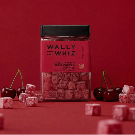 Wally and Whiz loves all flavors! Their winegums always consist of two complementary flavors. That is, two flavors that enhance each other or otherwise combine into a delicious taste experience. Choose between gummies with the tart flavor of cherry accompanied by a sour cherry dusting or Elderflower winegums cube coated with blueberry with the perfect chew.