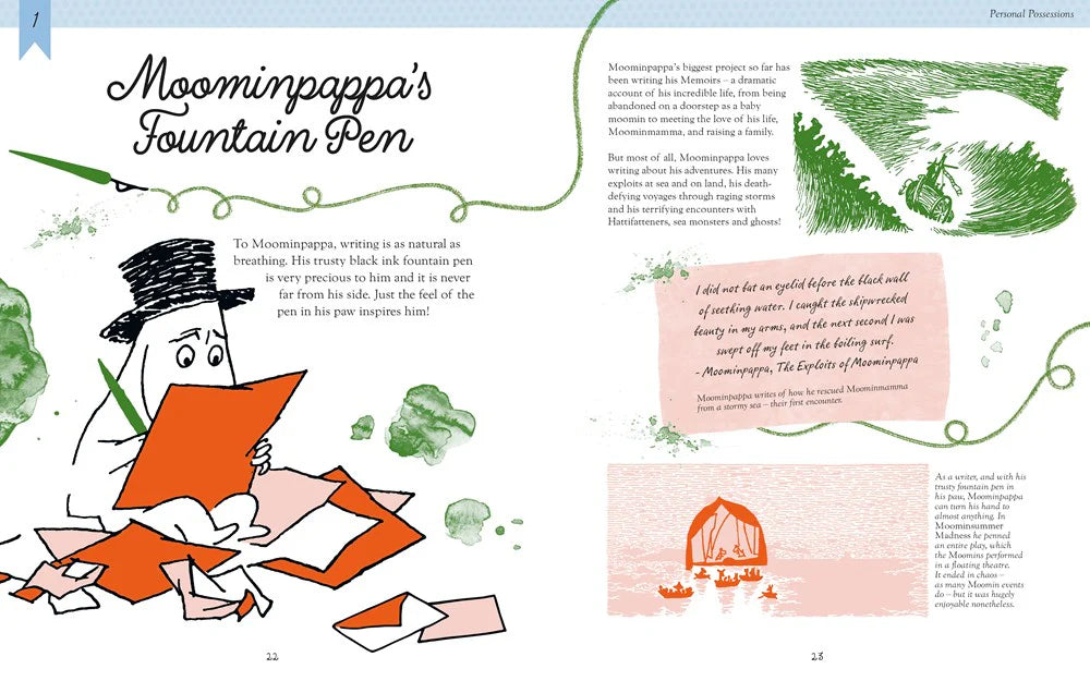 Illustrated book page with Moominpappa character and text about a fountain pen.