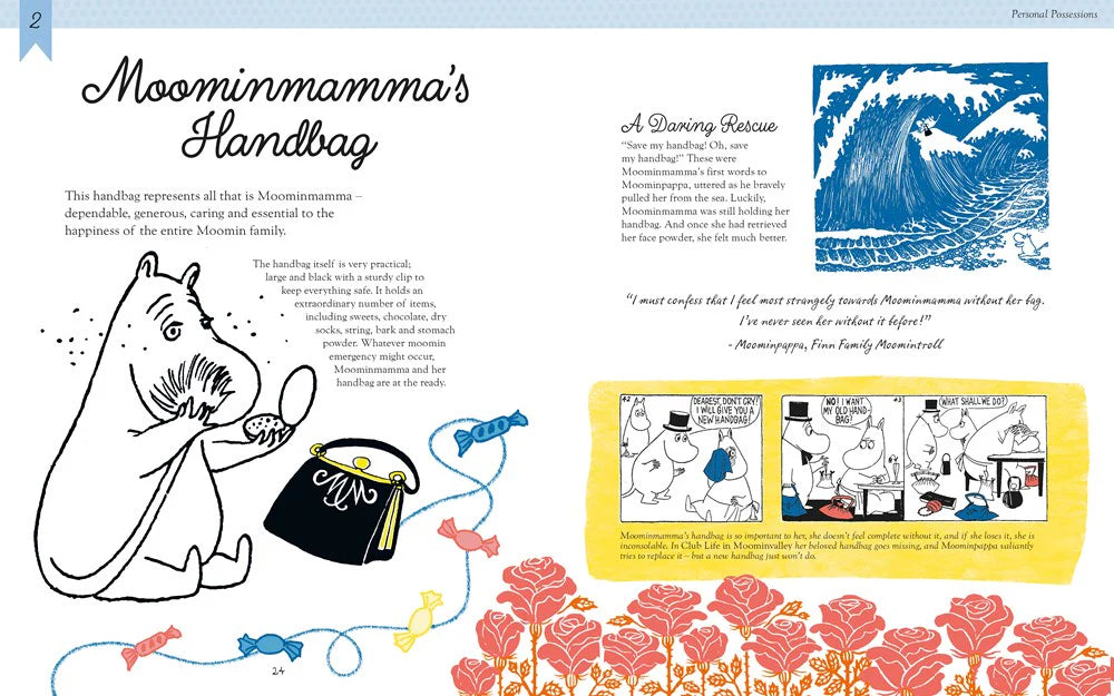 Illustrated book page with Moomin character and text about 'Moominmamma's Handbag'.