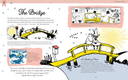 Illustrated book page with a bridge scene featuring characters from Moominvalley.