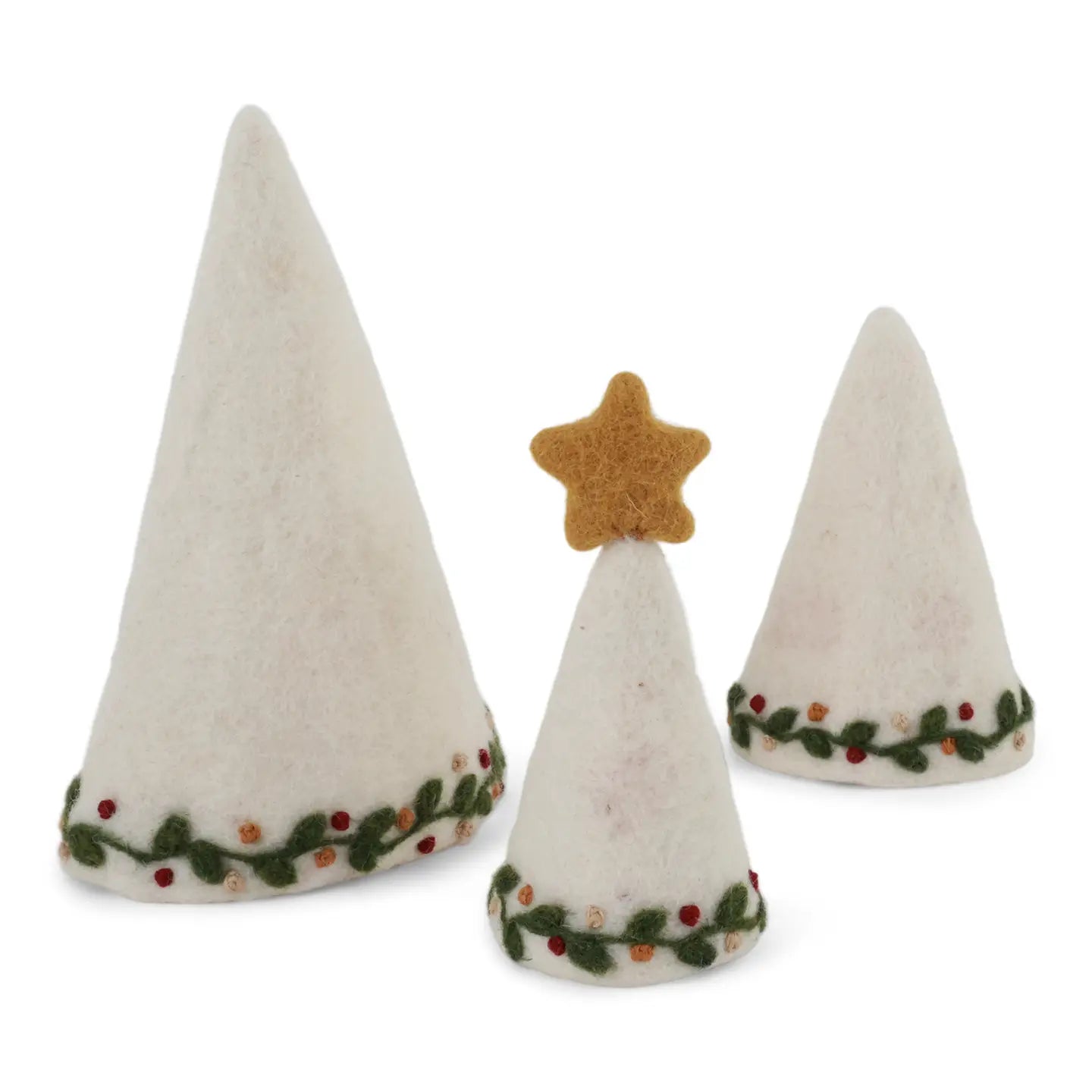 Unstack the felt layers to reveal three different trees. Designed with intricate details and handcrafted to bring a touch of winter magic into your home. Choose from white elegant trees with fine embroidery or a classic fir green tree with Christmas gifts and candy canes decorating the exterior.